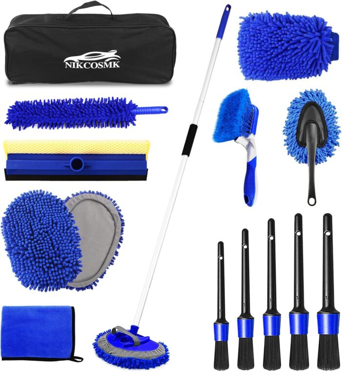 62'' Car Wash Brush Kit Mitt Mop Sponge with Long Handle, 1 Chenille Scratch-Free Replacement Head, Windshield Window Squeegee,Car Duster,Car Detailing Brushes,Tower,Car Cleaning Kit for Cars RV Truck