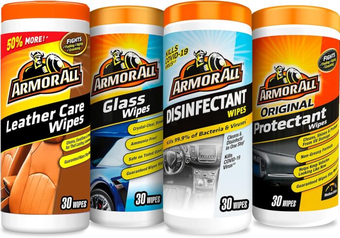 Armor All Interior Car Cleaning Wipes Kit, Disinfects, Protects, and Cleans Car Interiors, Includes Leather Care Wipes, Glass Wipes, Disinfectant Wipes, and Protectant Wipes, 4 Count