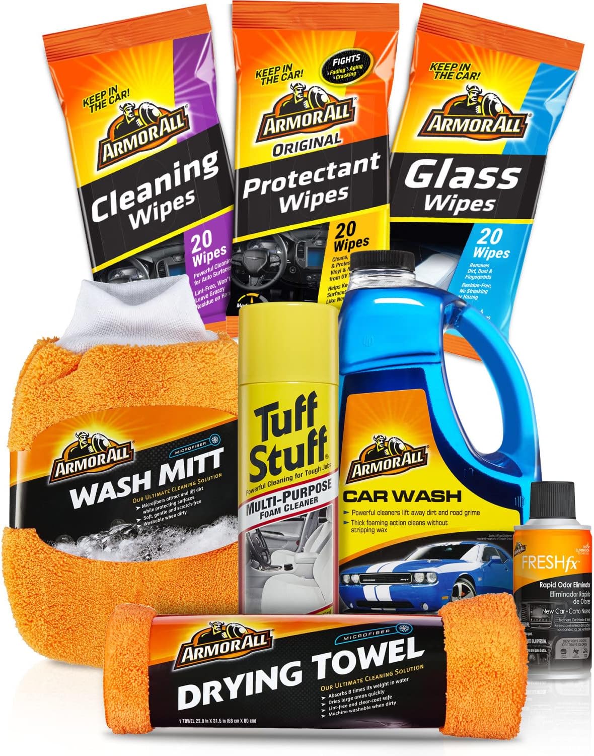 Armor All Car Wash and Cleaner Kit, Includes Cleaning Wipes for Car Interior, Cleaner Concentrate, Car Air Freshener, Microfiber Towels (8 Piece Kit)