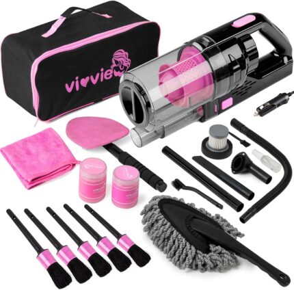 Car Cleaning Detailing Kit Interior Cleaner, 14Pcs Car Cleaning Supplies with High Power Portable Car Vacuum Cleaner, Detailing Brush Set, Windshield Cleaner, Pink Car Accessories for Women