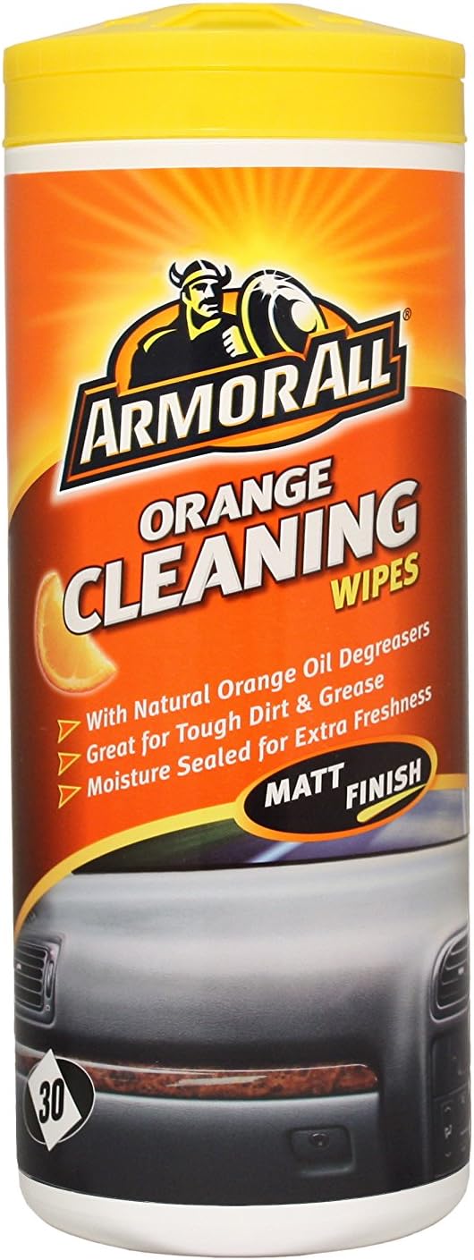 Armor All, 30 Matt Orange Cleaning Wipes,Uses Orange Oil to Cut Through Dirt and Grease, Suitable for Plastic and Vinyl, Ideal for Car Detailing, Made in The UK