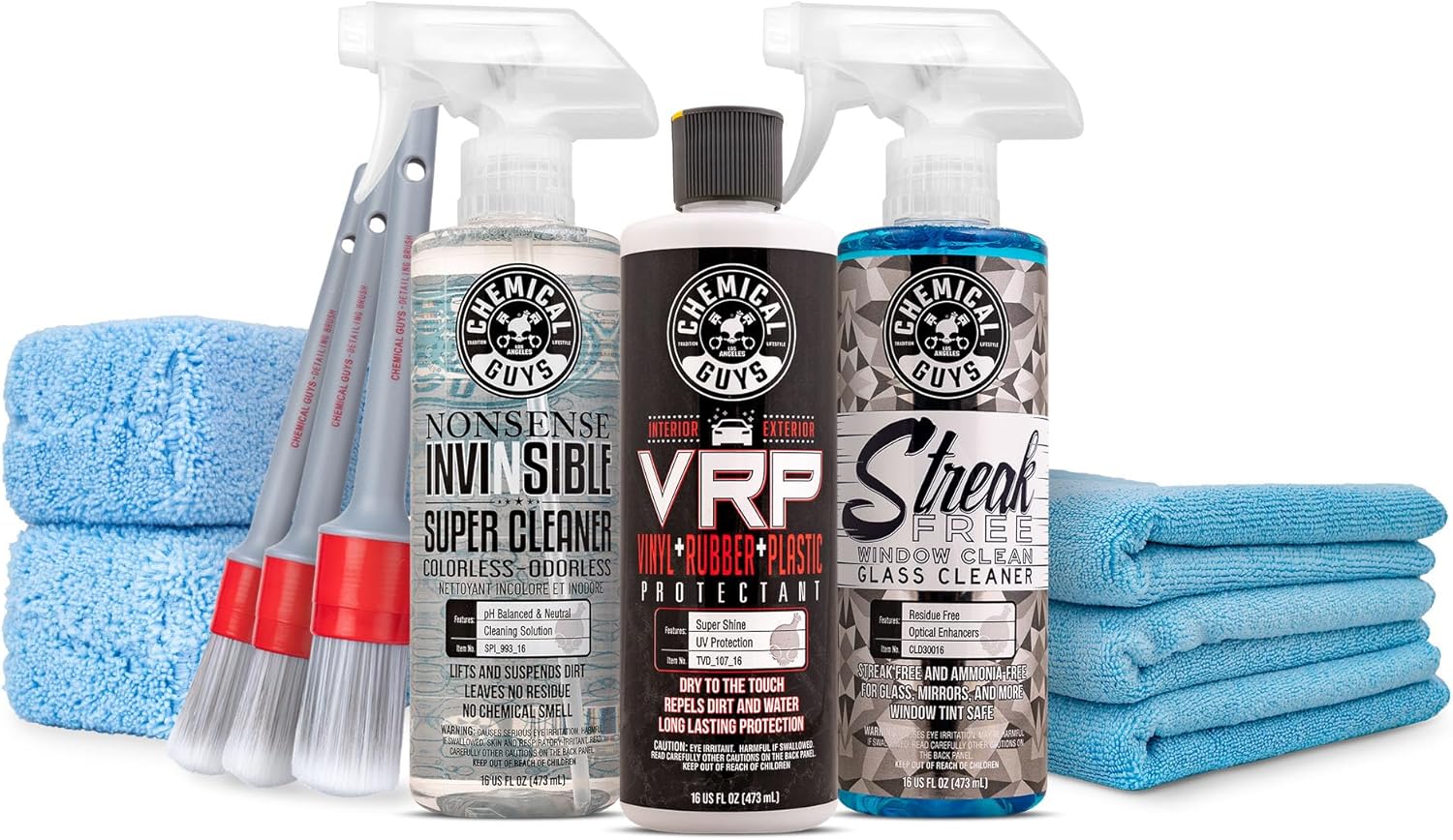 Chemical Guys Car Interior Detailing Kit - VRP Protectant, Nonsense Cleaner, Streak Free Glass Cleaner, 3 Detailing Brushes, 3 Towels, 2 Applicators, 11-Items